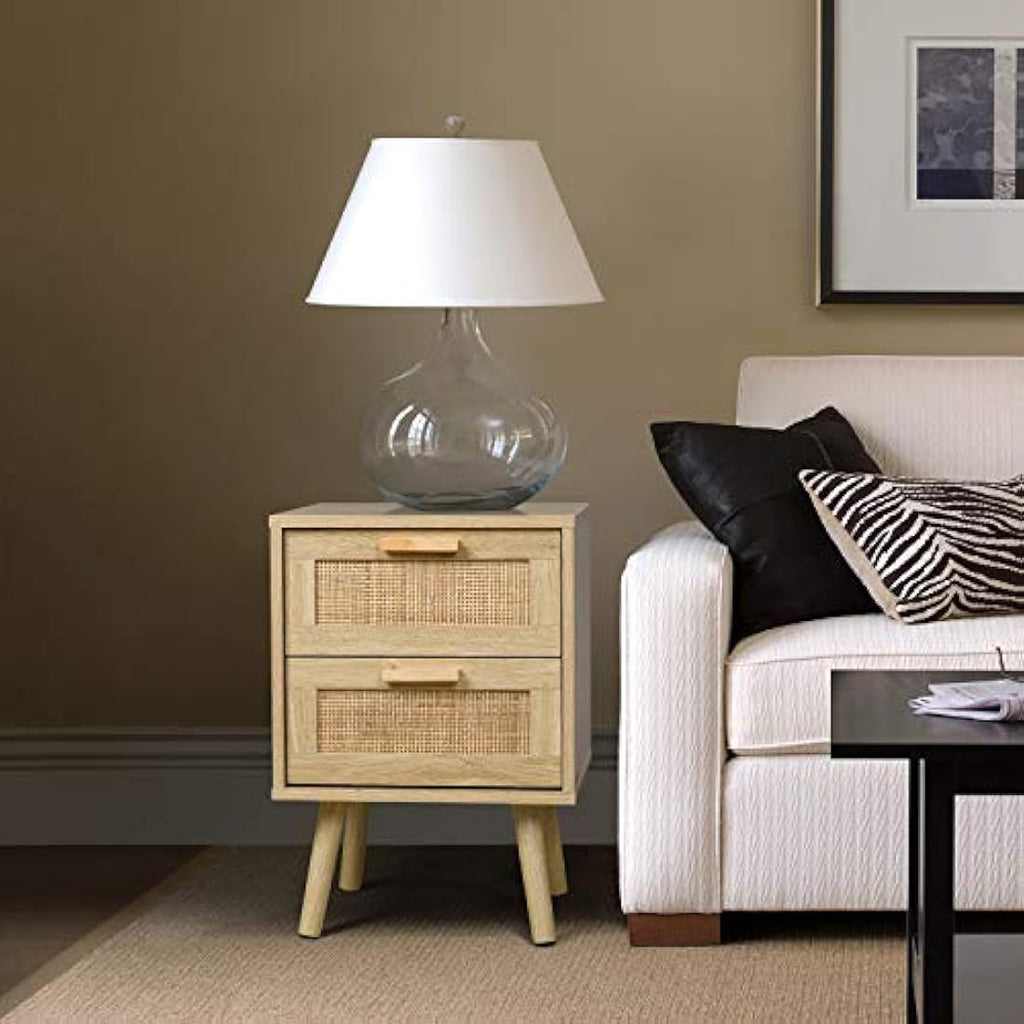 Finnhomy Rattan Bedside Tables Set of 2 | Natural Wood Nightstands