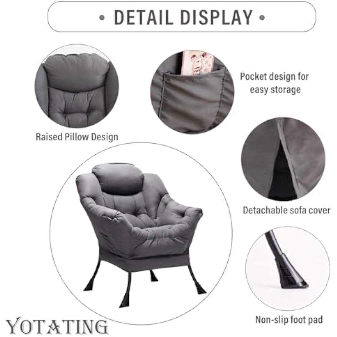 Jolof Store Lazy Chair with Ottoman – Ergonomic Accent Armchair, Dark Grey