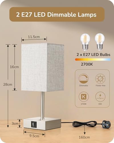 EDISHINE Touch Bedside Lamps Set of 2 | 3-Way Dimmable with USB A+C