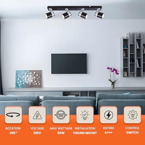 UKEW 4 Way Ceiling Spotlight – Modern Chrome Adjustable GU10 Bar