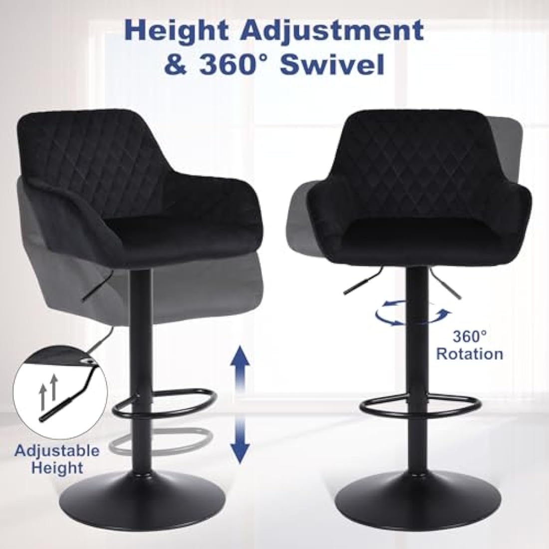 Velvet Swivel Bar Stools Set of 2 | Adjustable Counter Chairs