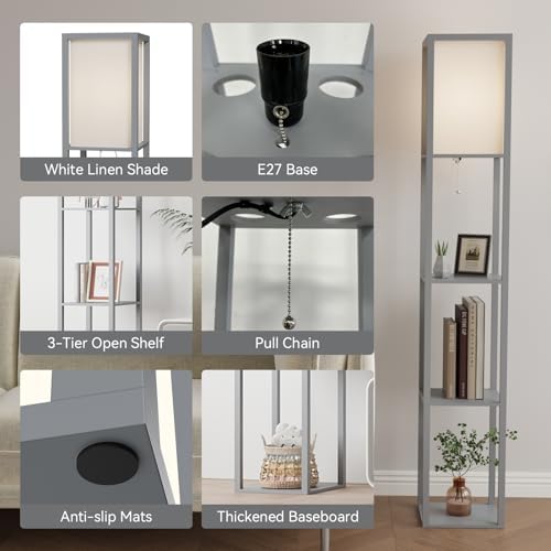 PULUOMIS Modern Wooden Floor Lamp with 3-Tier Shelves - Grey, 160cm