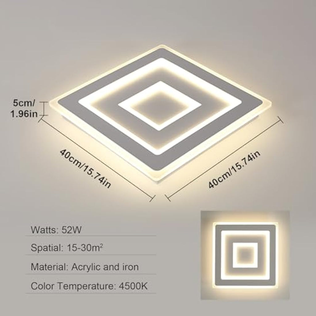 Jolof Store Modern Square LED Ceiling Light – 52W Acrylic White Lamp 4500K