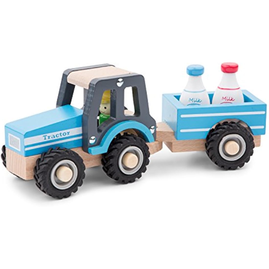 New Classic Toys Wooden Tractor with Trailer & Milk Bottles - Blue