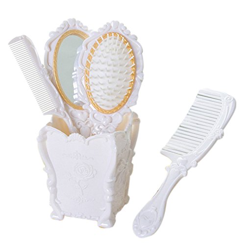 Jolof Store 4-Piece Vintage Hair Brush Set with Mirror – White Styling Kit