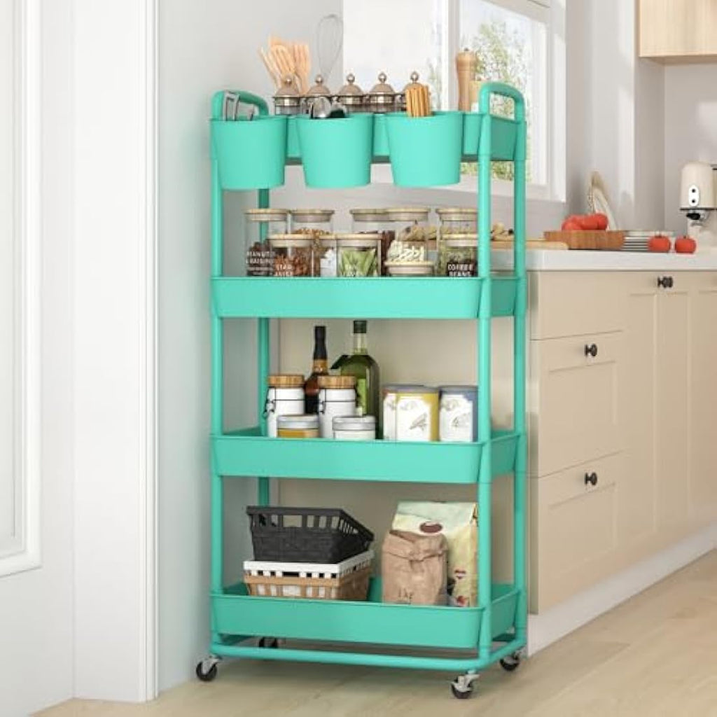 JIUYOTREE 4-Tier Rolling Utility Cart with Hanging Cups & Wheels - Green