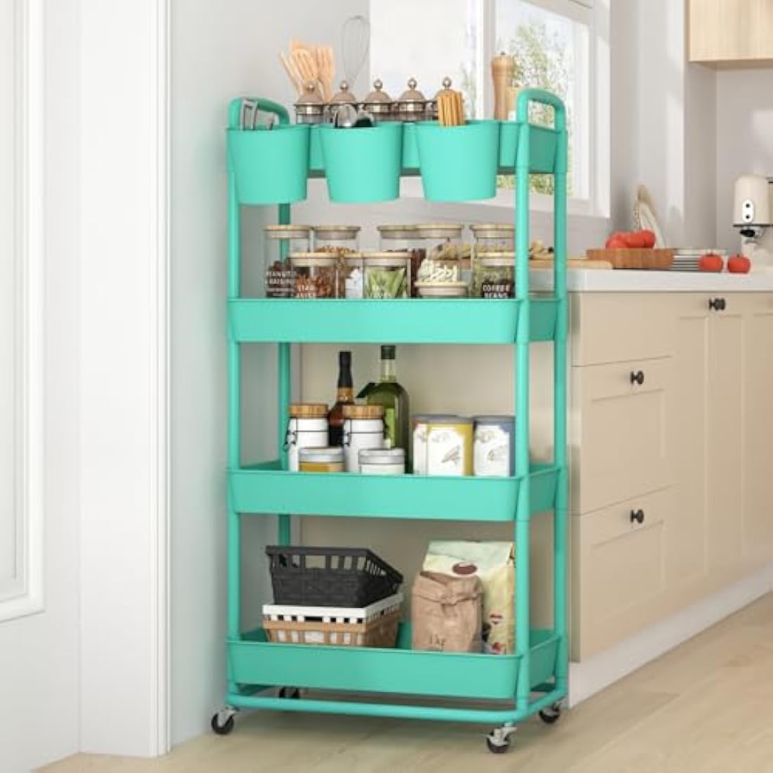 JIUYOTREE 4-Tier Rolling Utility Cart with Hanging Cups & Wheels - Green