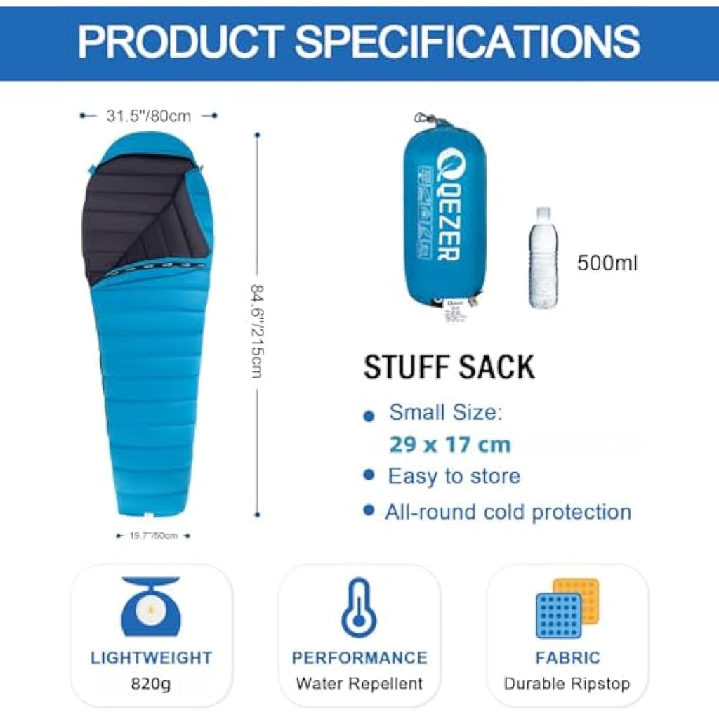 QEZER Ultralight Down Sleeping Bag | 600FP Duck Down Backpacking Gear