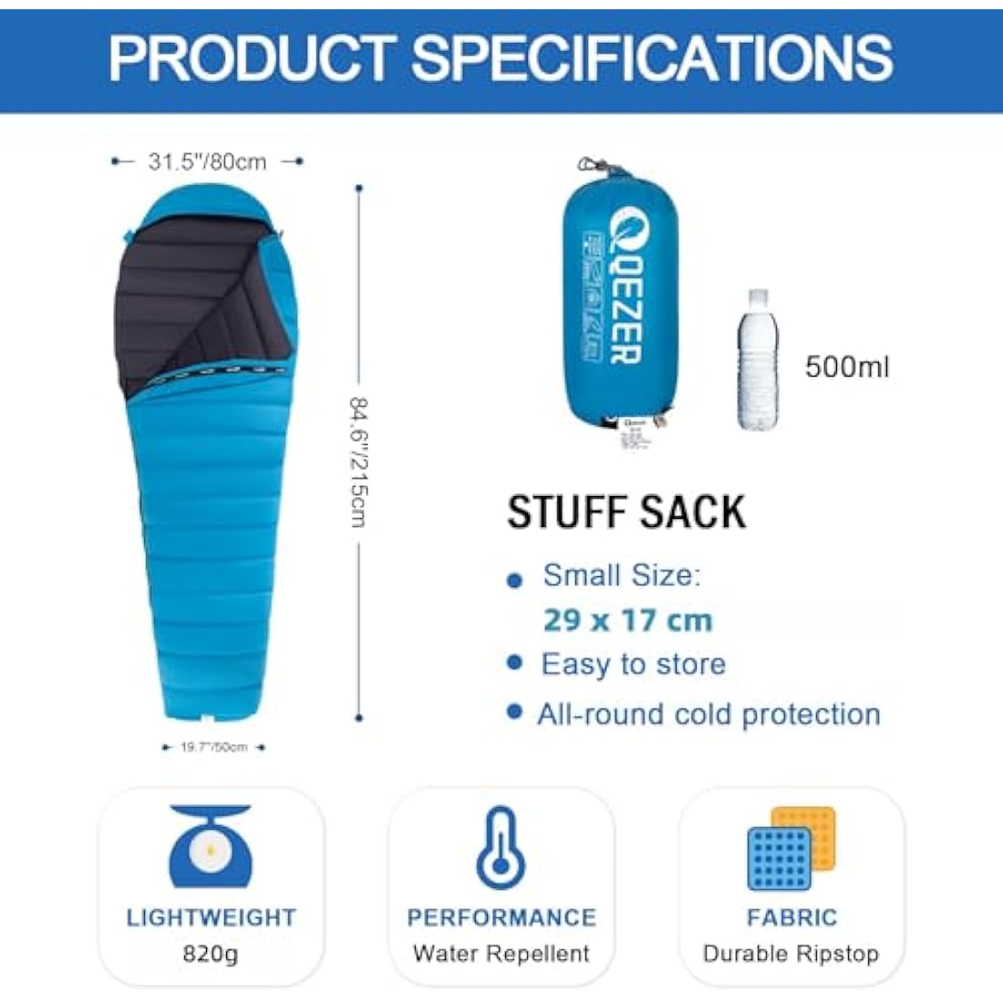 QEZER Ultralight Down Sleeping Bag | 600FP Duck Down Backpacking Gear