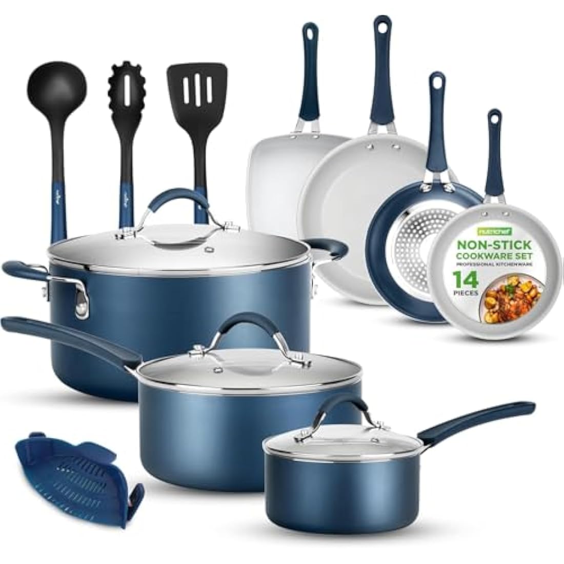 NutriChef 14-Piece Ceramic Non-Stick Cookware Set – Blue Induction Pots