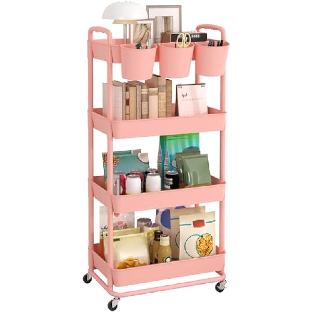 JIUYOTREE 4-Tier Plastic Rolling Utility Cart with Handles - Pink
