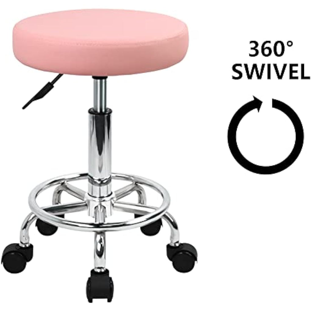 KKTONER Pink PU Leather Rolling Stool – Adjustable Swivel Salon Chair