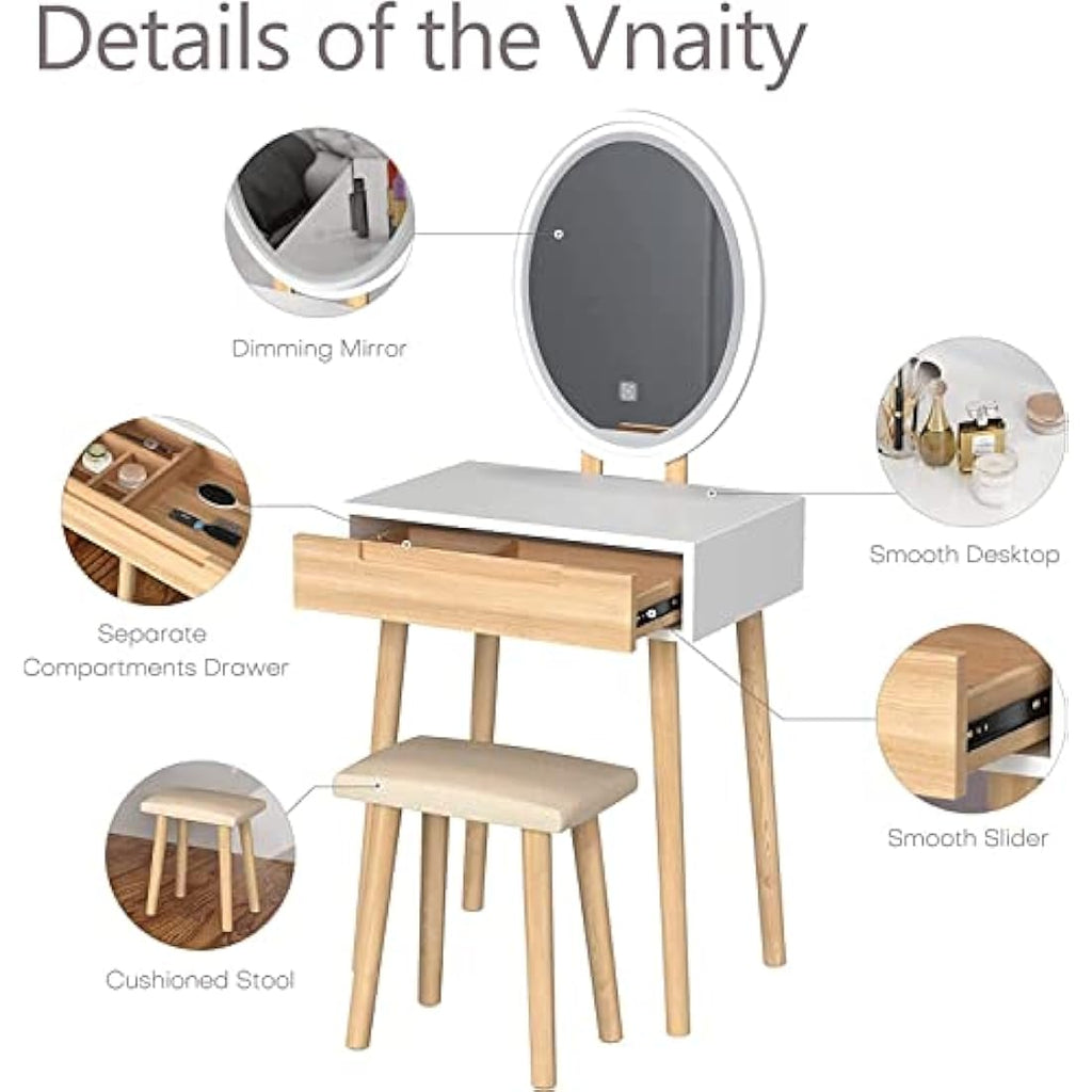 YOURLITE Makeup Vanity Set with LED Mirror, Stool & Drawer - Wood Color