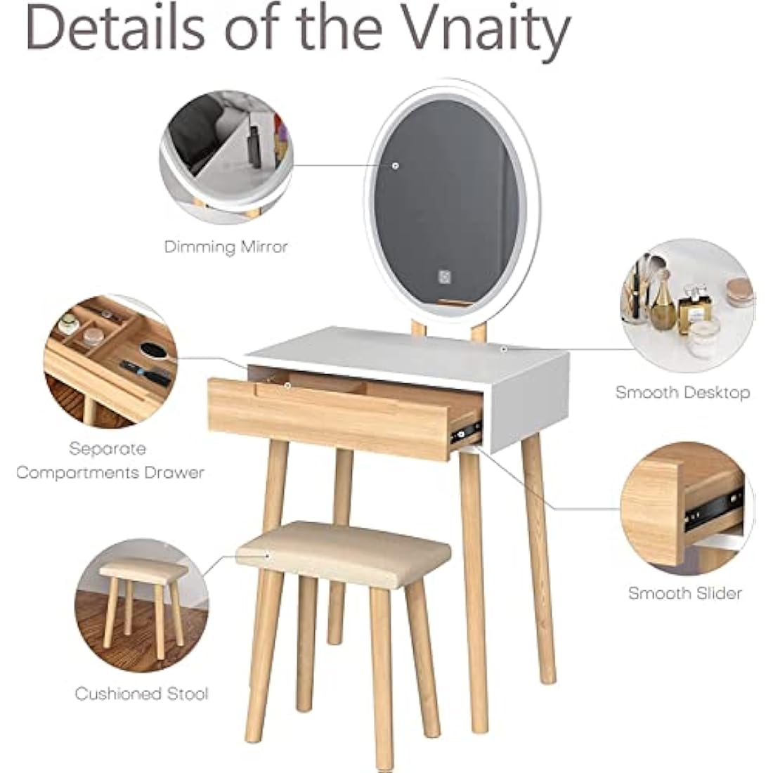 YOURLITE Makeup Vanity Set with LED Mirror, Stool & Drawer - Wood Color