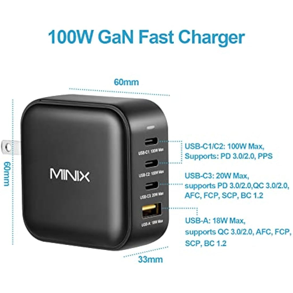 MINIX 100W GaN Fast Charger – 4-Port USB-C & USB-A Travel Adapter