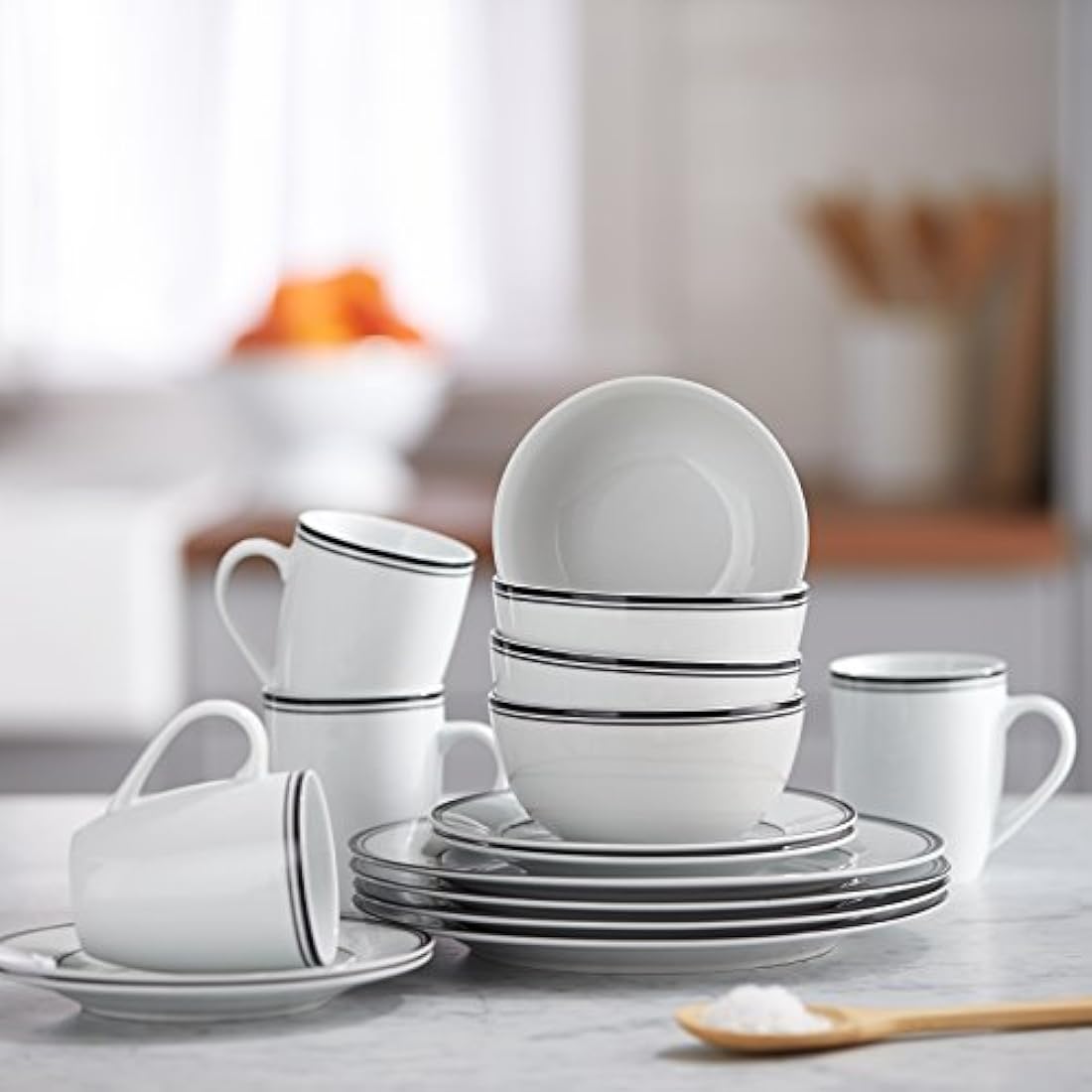 16-Piece Porcelain Dinnerware Set | Black Stripe Detail