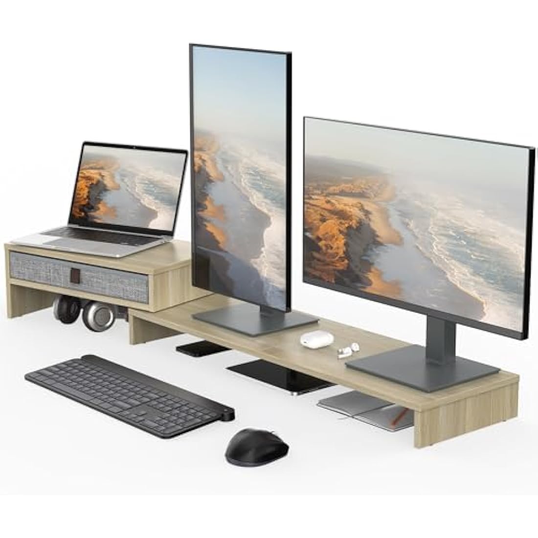 Fenge Dual Monitor Stand – Adjustable Wood Riser with Storage Drawer
