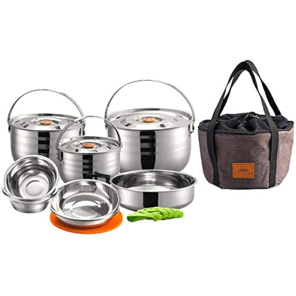 CAMPINGMOON Stainless Steel 15-Piece Nesting Camping Cookware Set