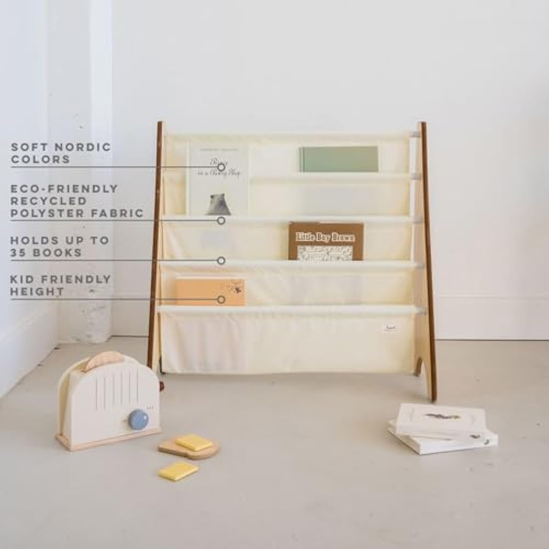 3 Sprouts Kids Bookshelf – 4-Tier Recycled Fabric Sling Book Rack, Cream