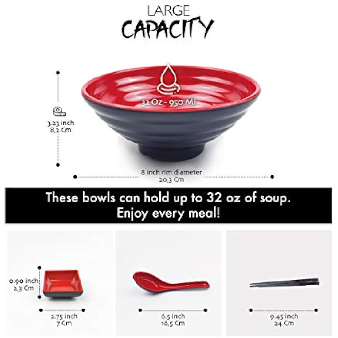 BaliBetov Melamine Ramen Bowl Set - 16 Piece Noodle Soup Kit, 32oz Red