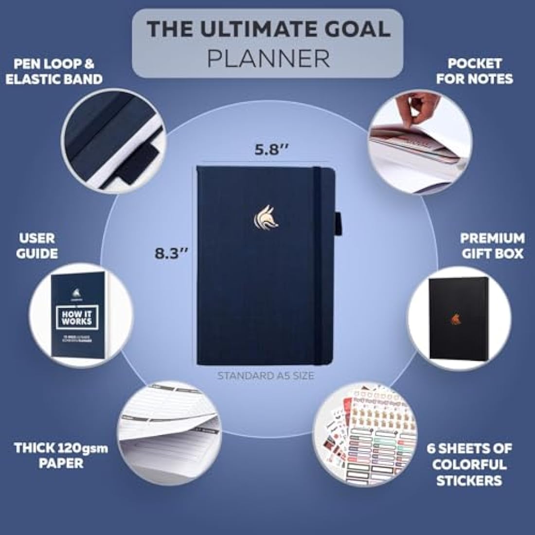 Clever Fox Goal Planner – Undated 90-Day Productivity Journal, Navy Blue