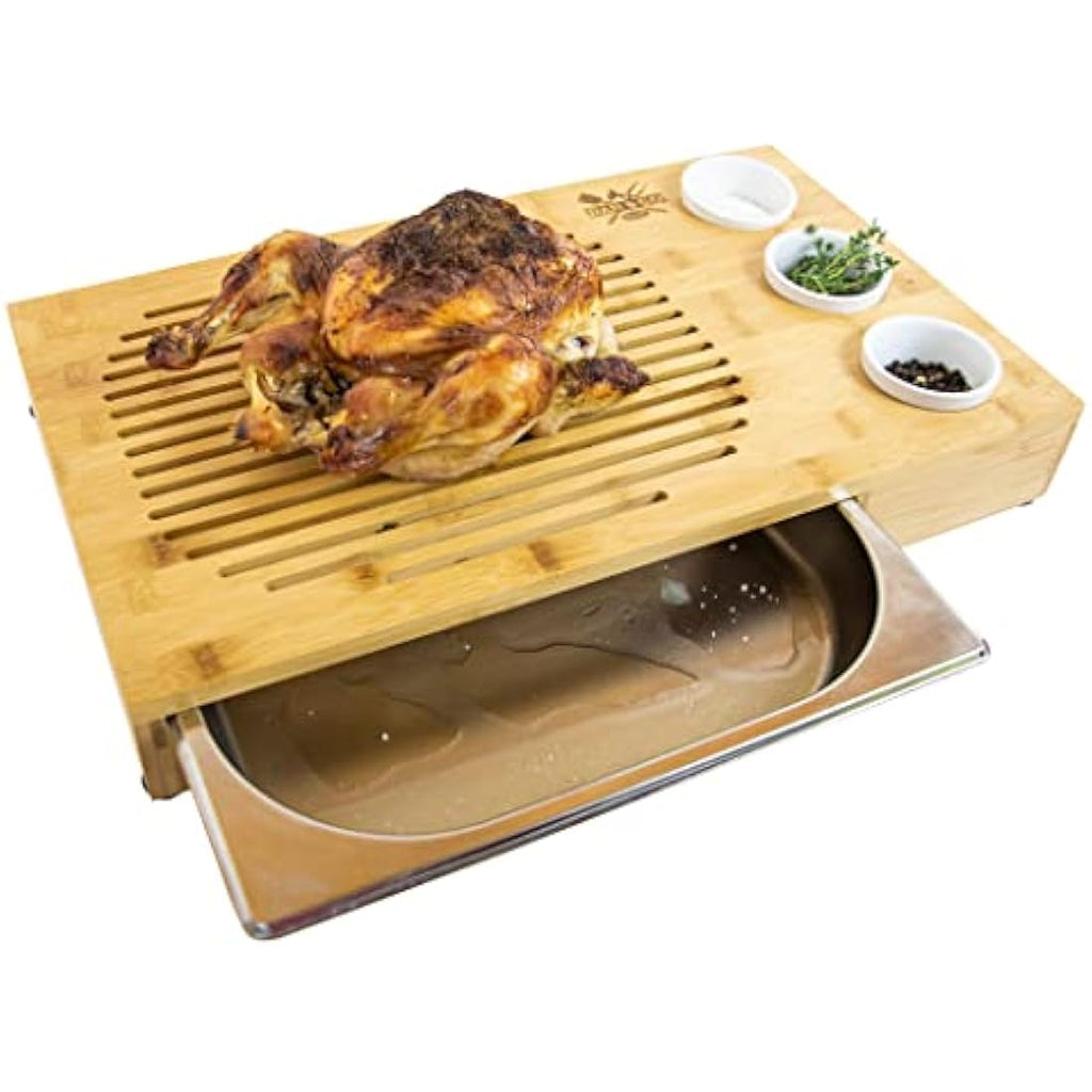 Dan&Co Bamboo Meat Carving Board with Drip Tray and 3 Dipping Pots