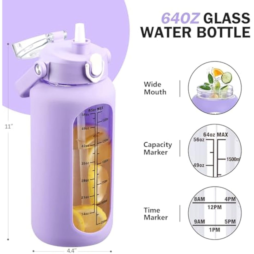 HYDRAGLAZIC 2L Glass Water Bottle | Large 2 Liter Jug with 2 Lids