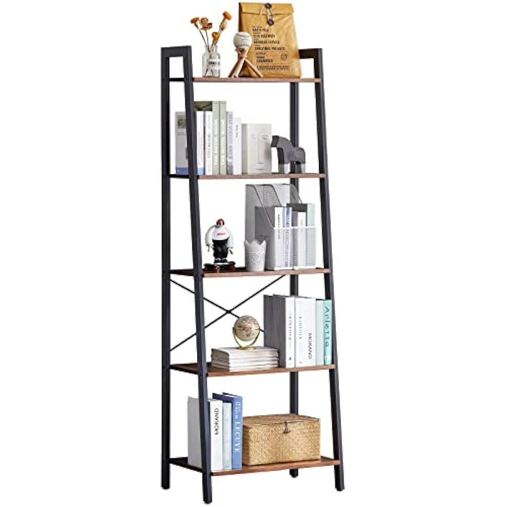 IBUYKE 5-Tier Industrial Ladder Shelf – Metal & Wood Storage Bookcase