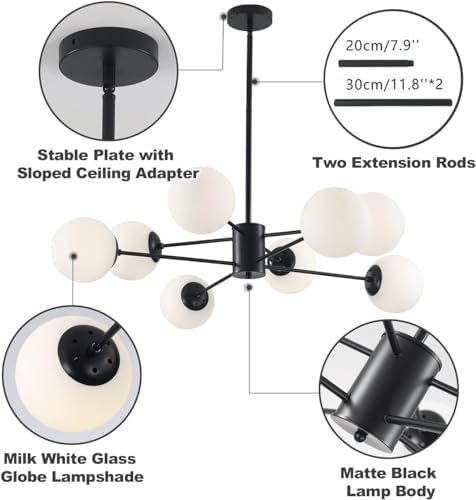 KCO Lighting 8-Light Sputnik Chandelier | Mid Century Glass Globe Black