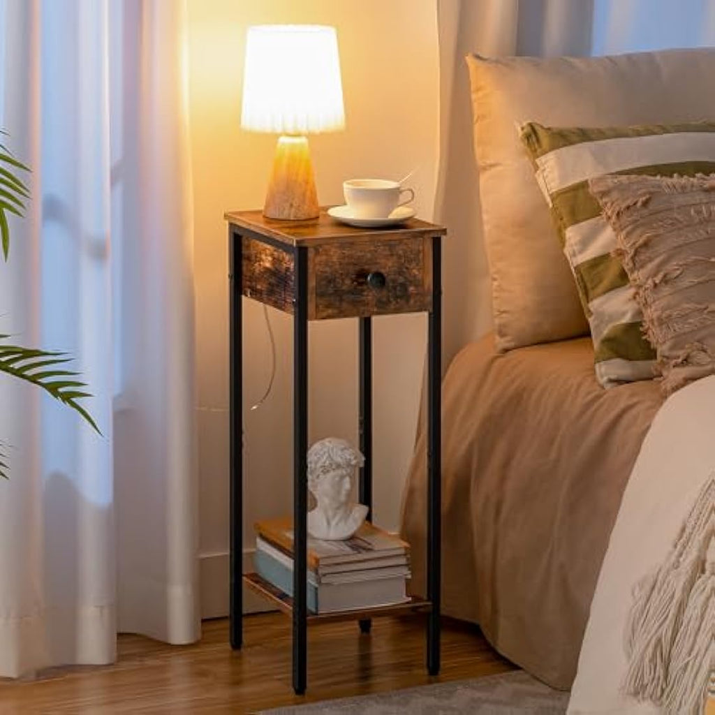 HOOBRO Slim Bedside Table – Narrow Industrial Nightstand with Drawer