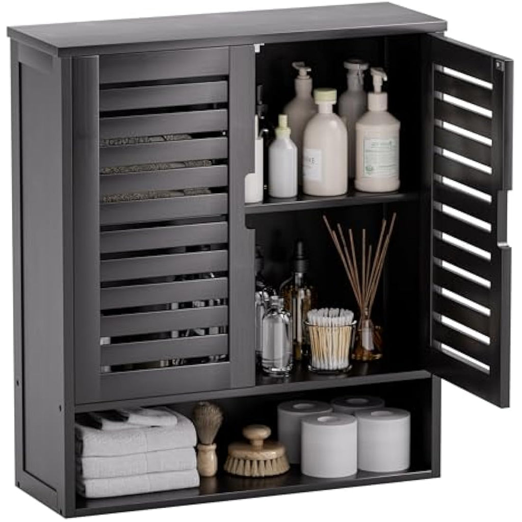 SMIBUY Bamboo Wall Mounted Bathroom Cabinet | 2-Door Storage Organizer - Black