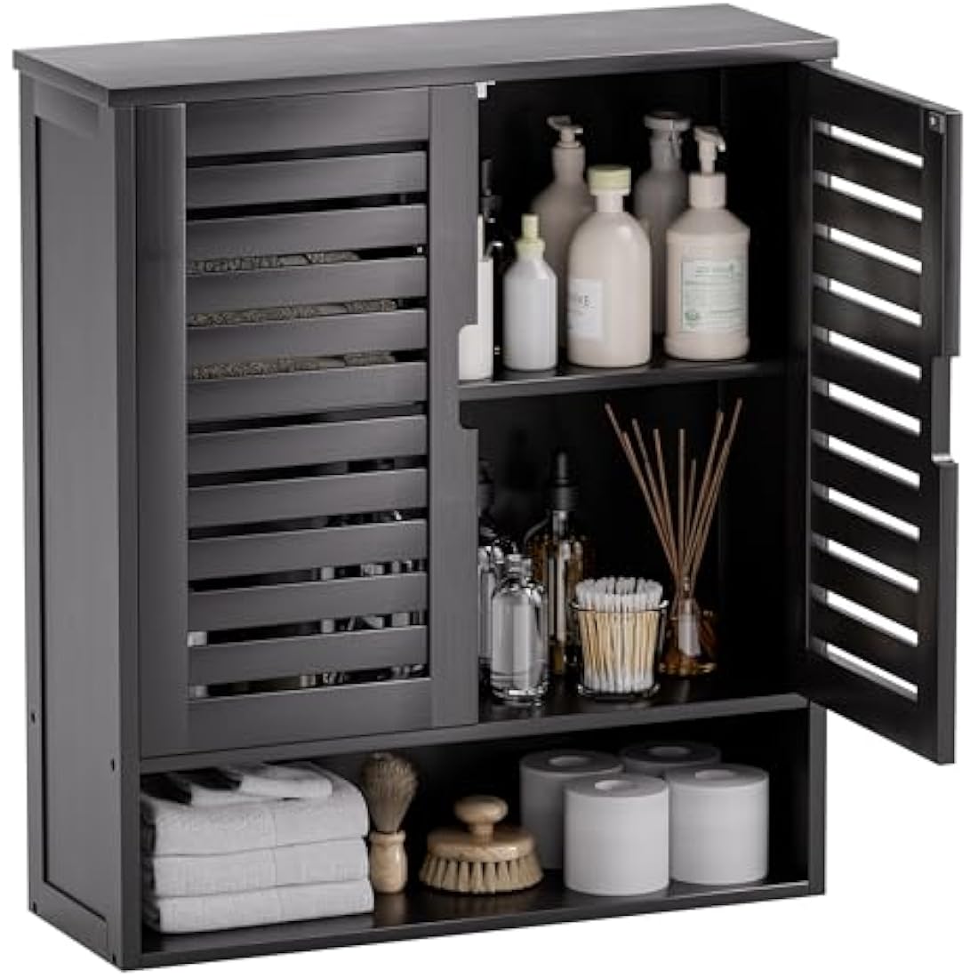 SMIBUY Bamboo Wall Mounted Bathroom Cabinet | 2-Door Storage Organizer - Black