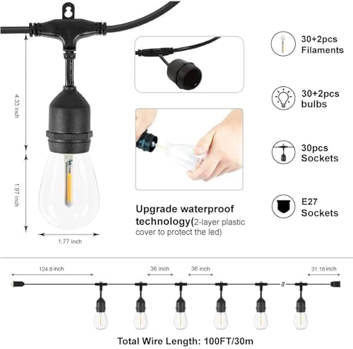 ZOTOYI S14 Outdoor String Lights | 100FT Waterproof LED Festoon Lights