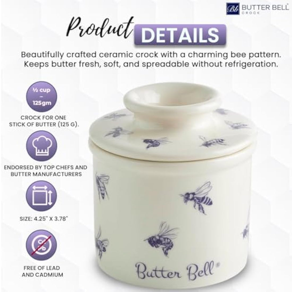 Butter Bell Ceramic Butter Crock - Farmhouse Honey Bee Blue & White