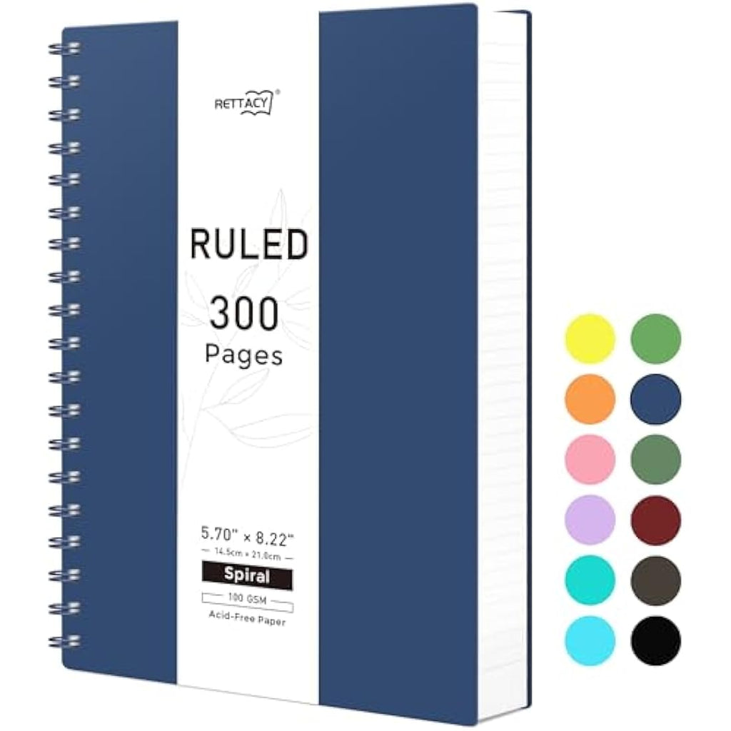 RETTACY A5 Spiral Notebook | 300 Pages College Ruled 100gsm - Navy Blue
