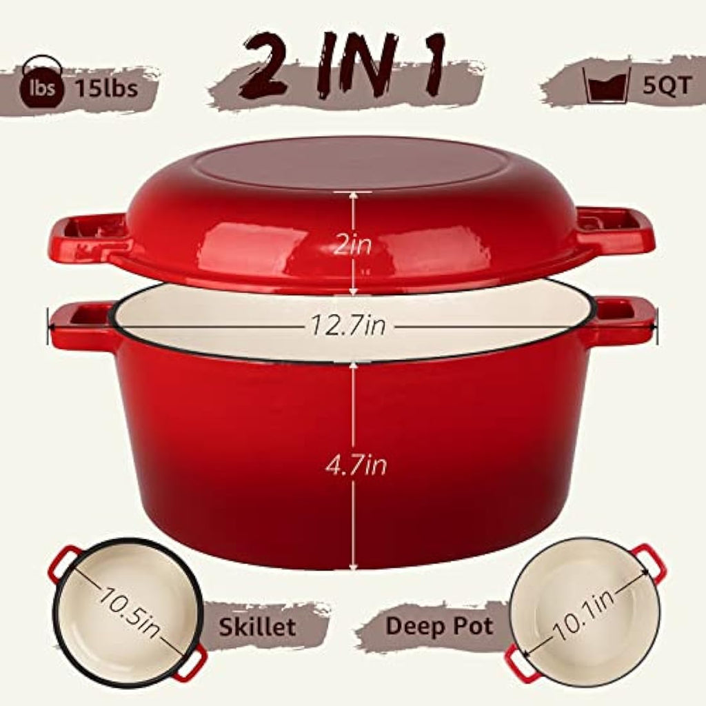 Overmont 5 Quart Enameled Cast Iron Dutch Oven with Skillet Lid