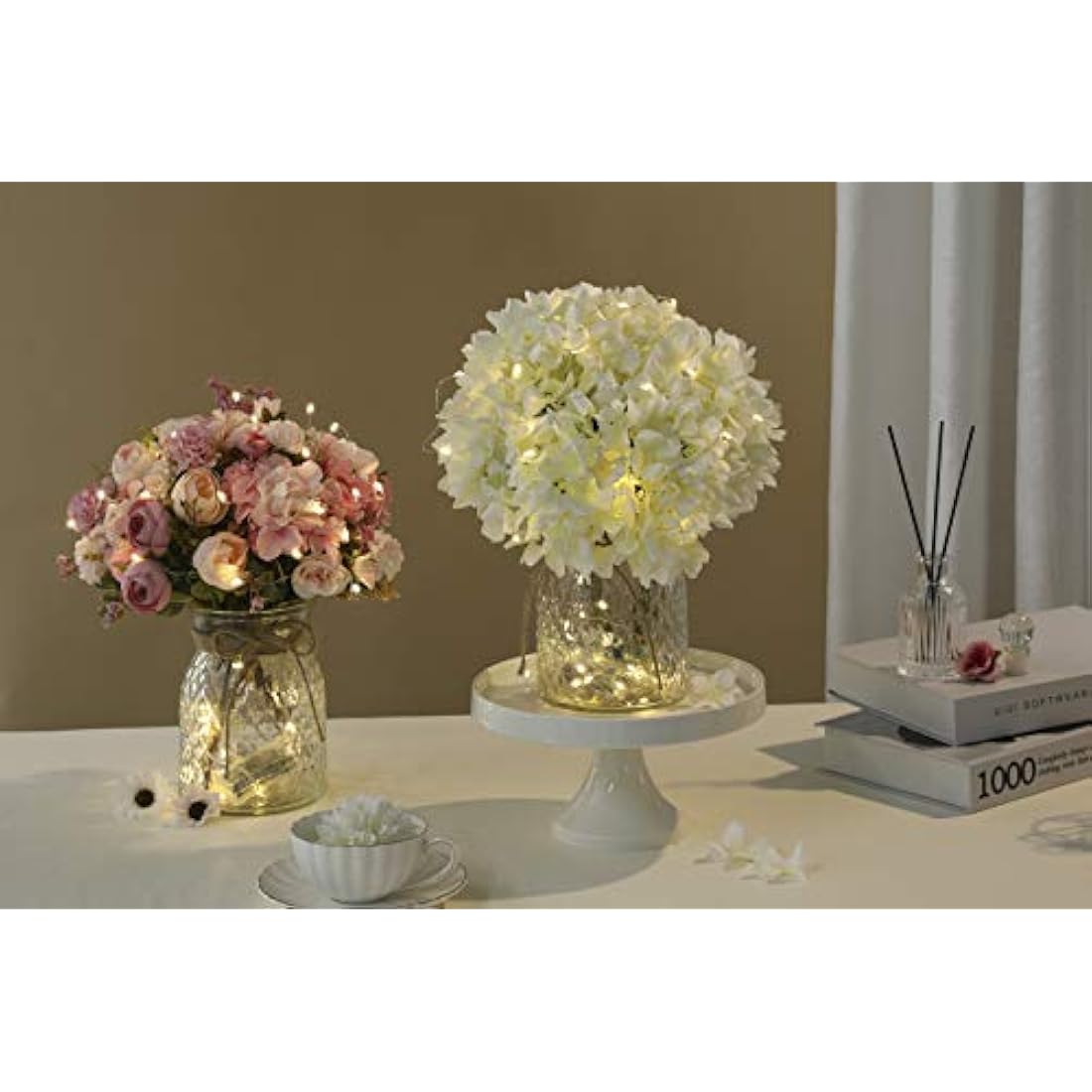 LED Pink Artificial Rose Flowers with Glass Vase – 13"