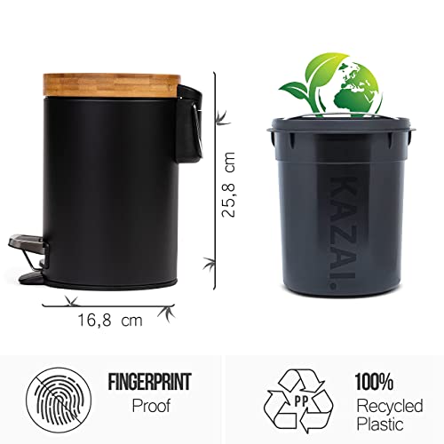 Kazai 3L Bathroom Pedal Bin | Soft Close Bamboo Lid | Matte Black