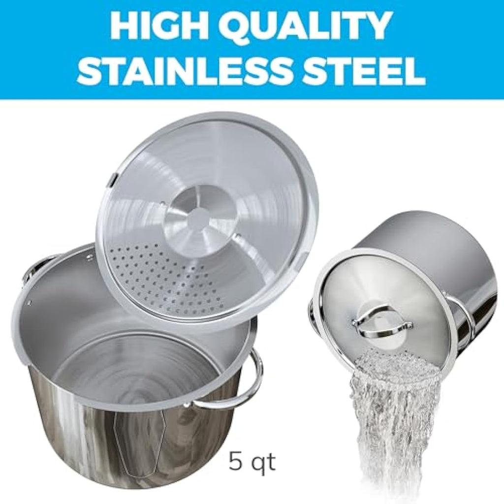 Jolof Store Stainless Steel Pasta Pot with Locking Strainer Lid – 5.5 Qt