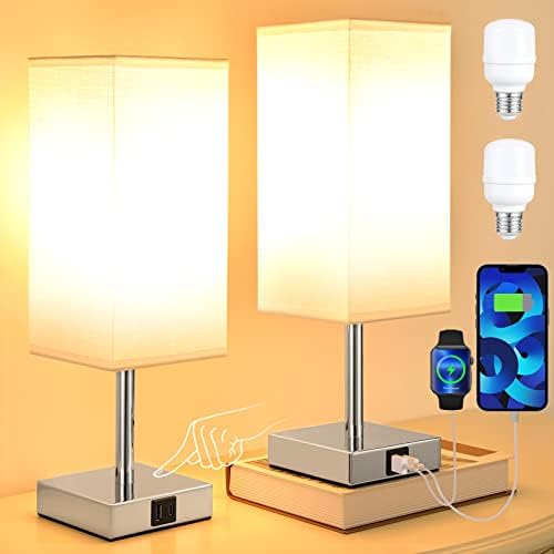 Aooshine Bedside Lamps Set of 2 | 3-Way Dimmable Touch Lamp with USB-C+A