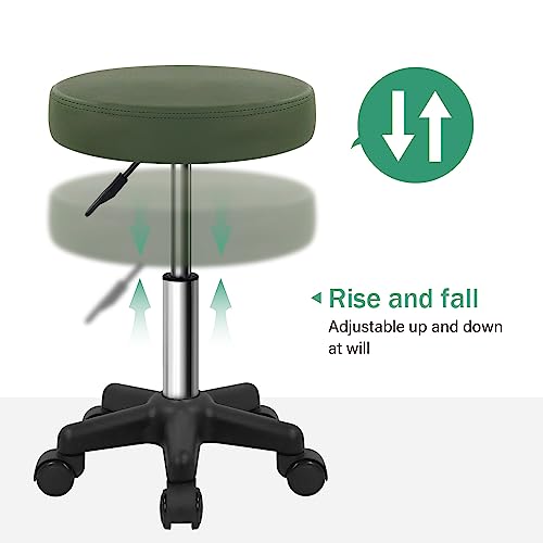 FURWOO Round Rolling Stool - Adjustable Swivel Salon Chair - Dark Green