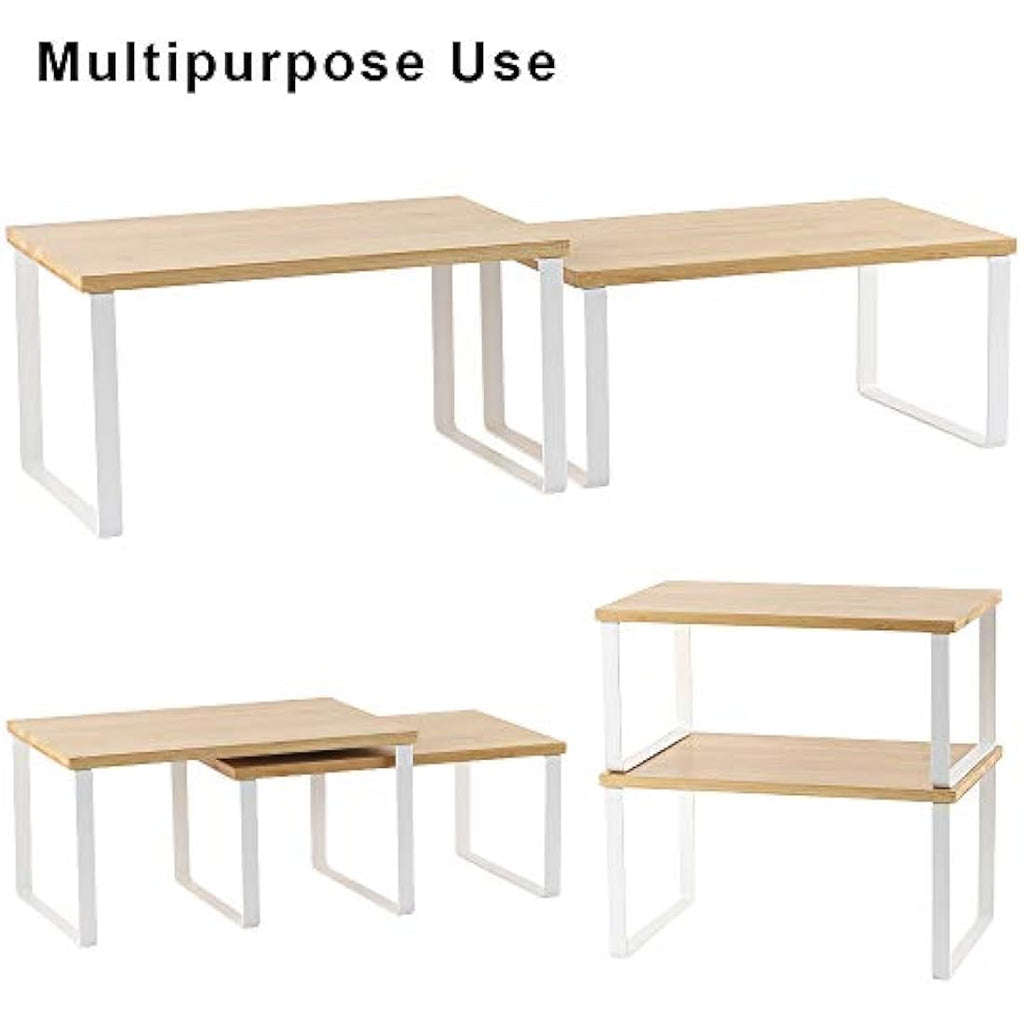 Bamboo Kitchen Shelf Organizer | 4-Pack Stackable White Rack