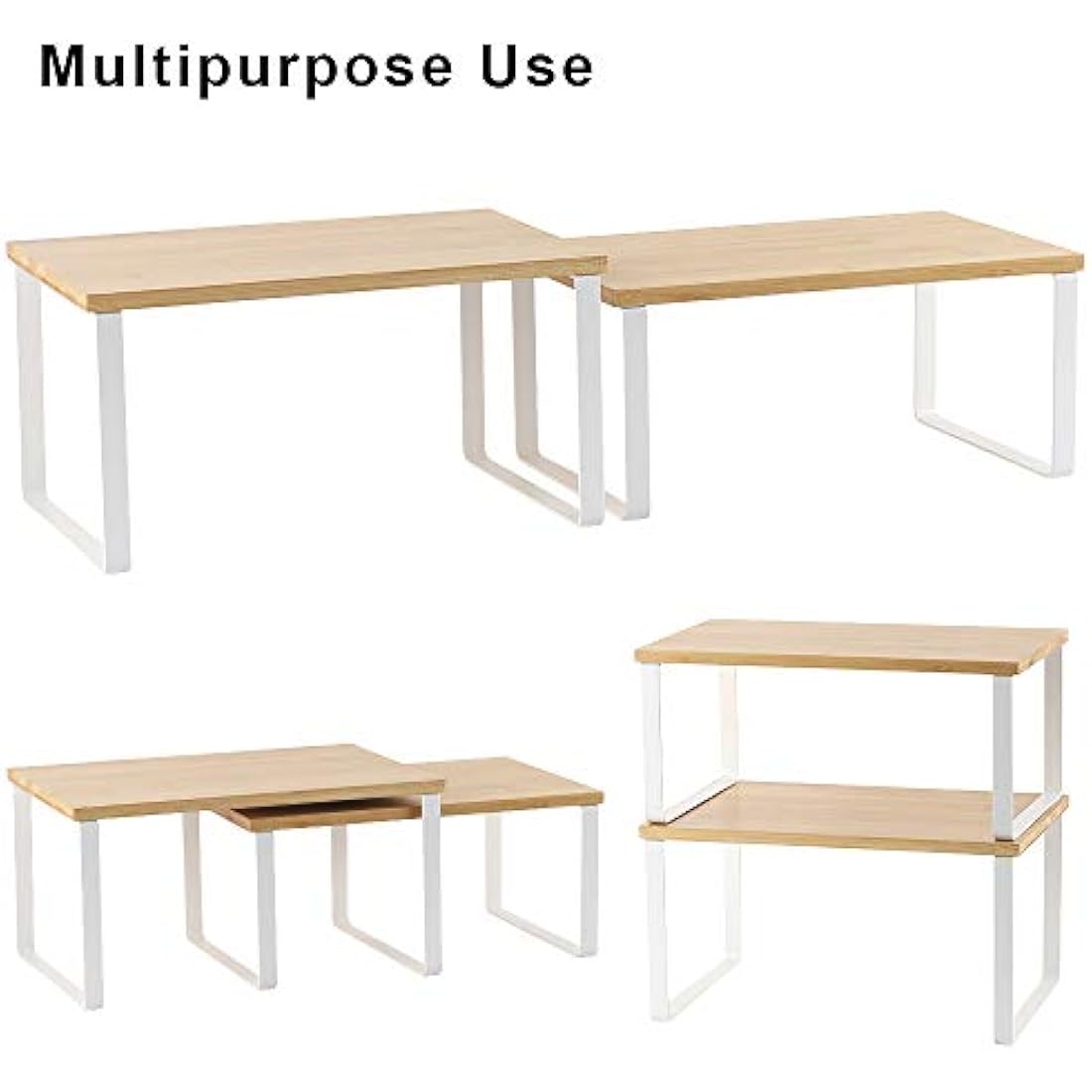 Bamboo Kitchen Shelf Organizer | 4-Pack Stackable White Rack