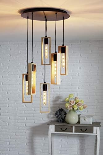 Eglo Littleton 6-Light Industrial Pendant Lamp - Wood & Black Steel