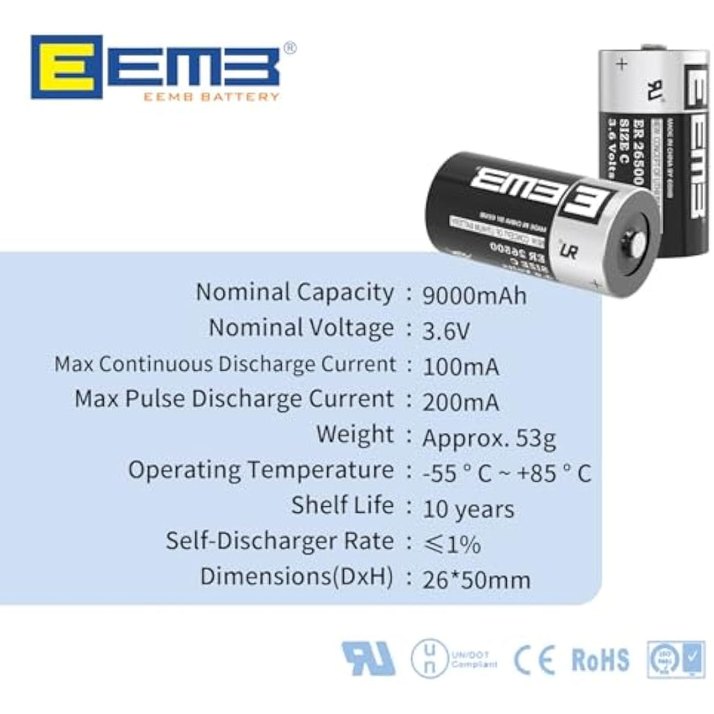 EEMB ER26500 C Size 3.6V 9000mAh Lithium Li-SOCL2 Battery - 10 Pack
