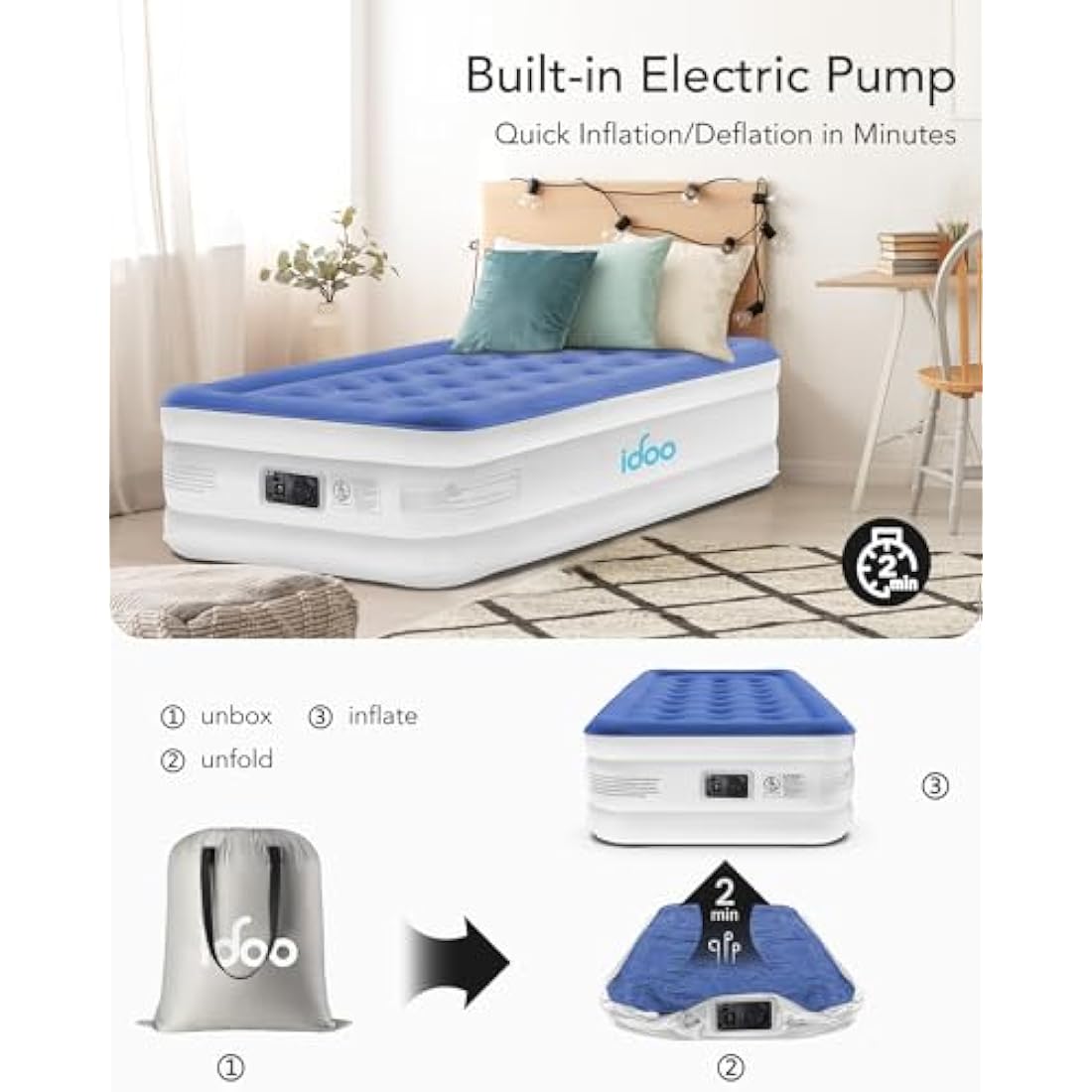 iDOO Single Air Mattress with Built-in Pump - Inflatable Camping Guest Bed