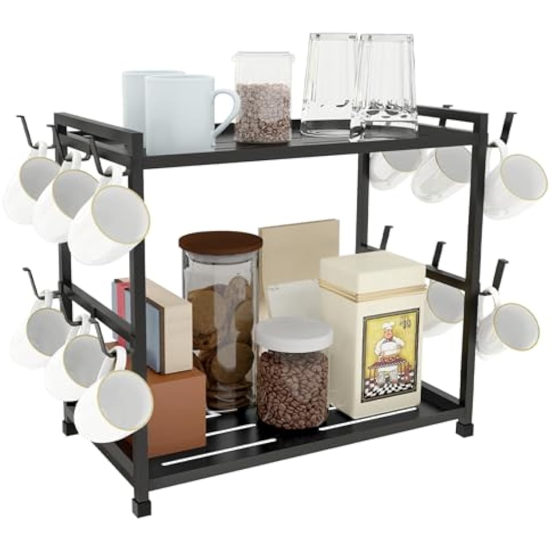 Bethom 2-Tier Coffee Cup Holder – 12 Hook Metal Mug Rack & Station Organizer