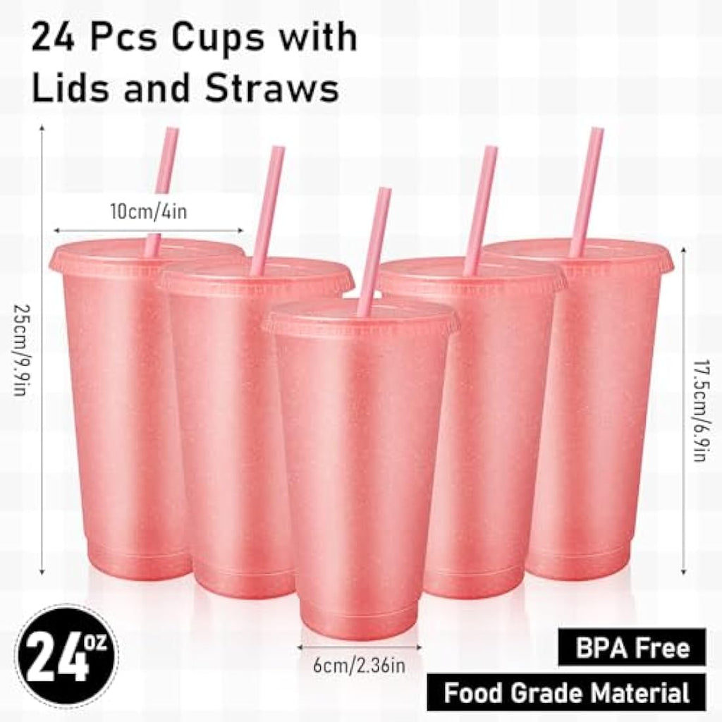 Jolof Store 24oz Glitter Reusable Cups with Lids and Straws – 24 Pack