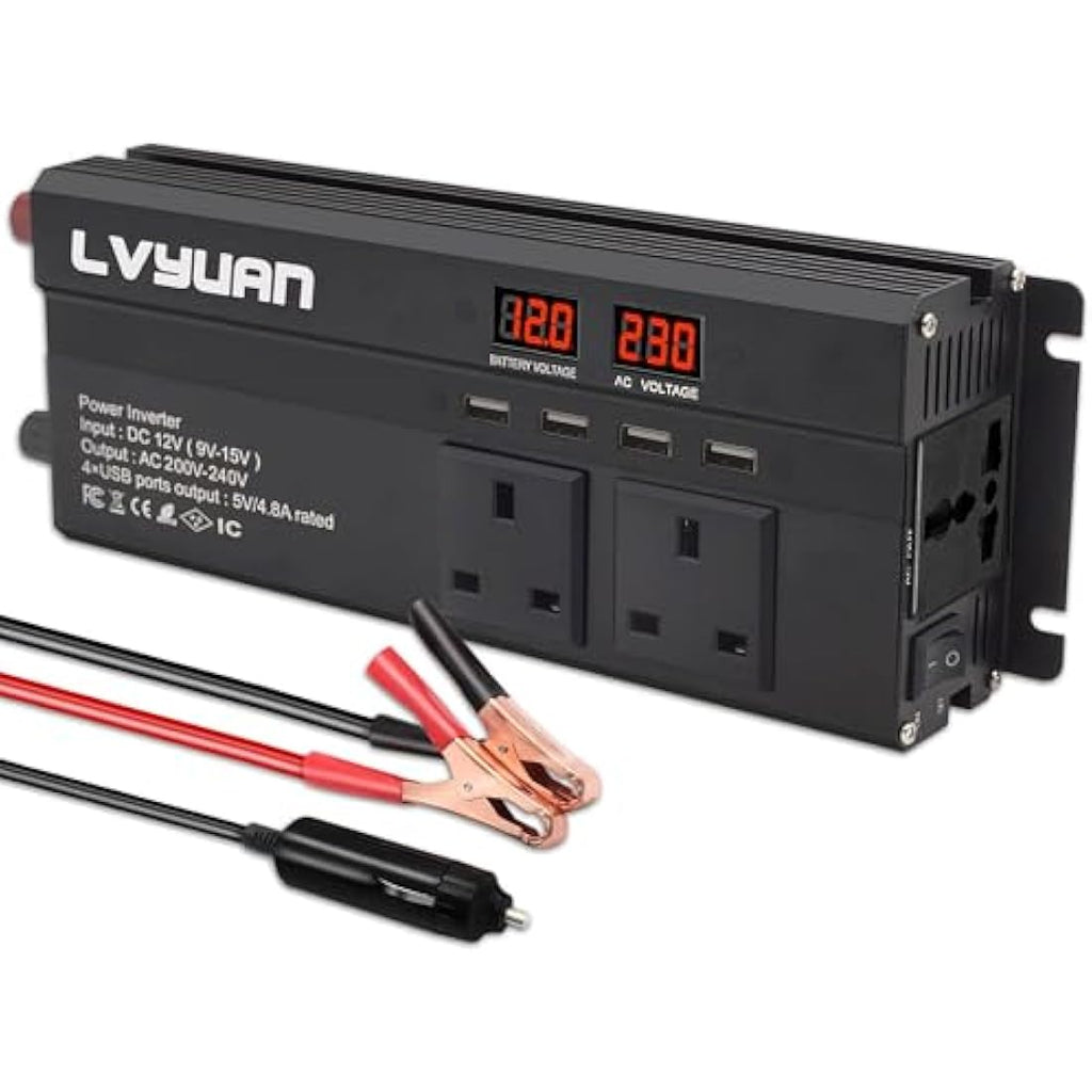 LVYUAN 1200W Power Inverter 12V to 240V AC | 3 UK Sockets & 4 USB Ports
