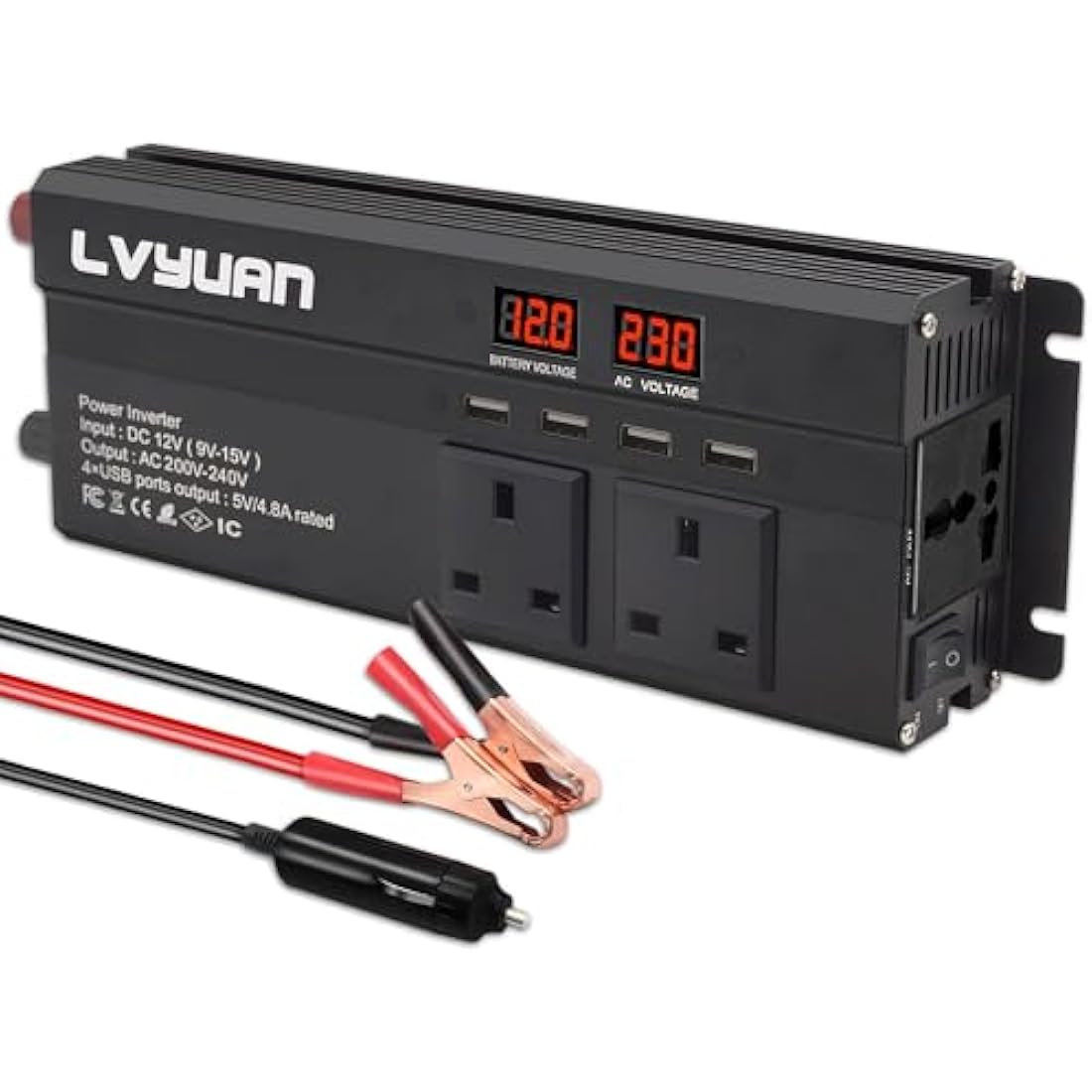 LVYUAN 1200W Power Inverter 12V to 240V AC | 3 UK Sockets & 4 USB Ports